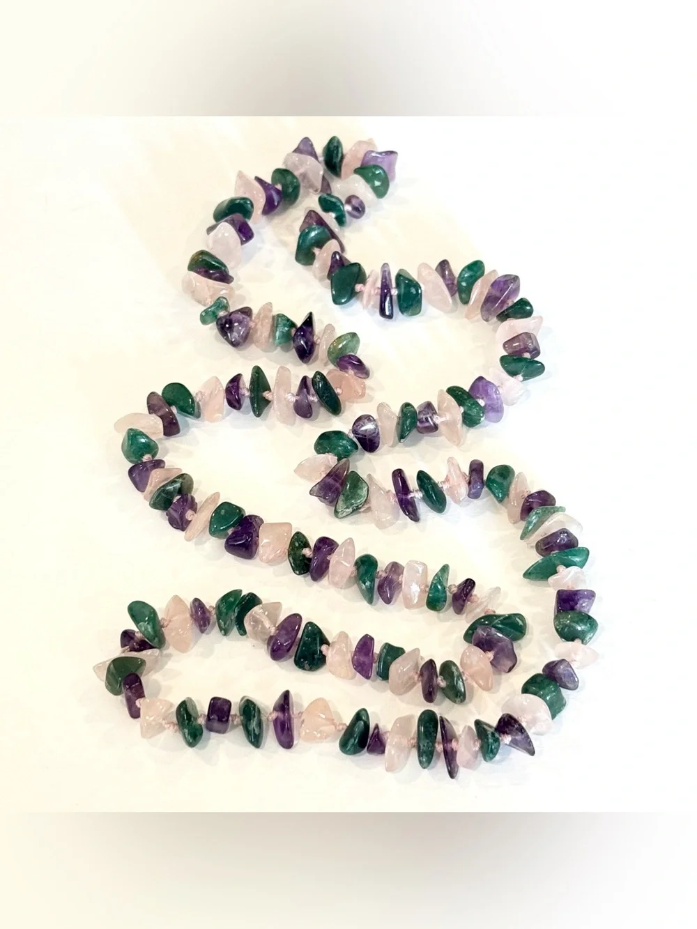 Jade Amethyst Rose Quartz Hand Knotted Necklace Vintage Estate Stone Purple Pink